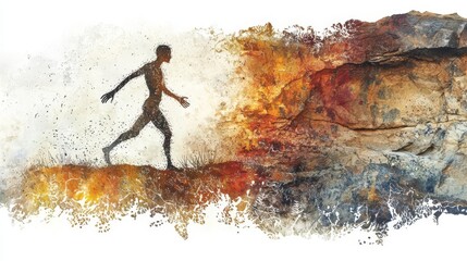A silhouette of a person running along a rocky landscape, surrounded by abstract artistic colors and textures.