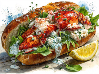 a delicious lobster roll with a creamy dressing, fresh lettuce, and a lemon wedge on the side. The lobster is prominently displayed