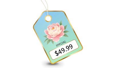 Elegant gift tag with pink rose and price displayed on a white background