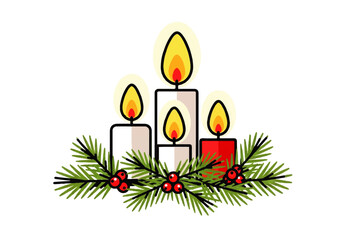Four lit candles of varying sizes arranged with evergreen branches and red berries, creating a festive holiday scene.