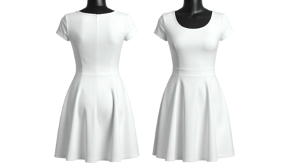 Front and back views of a white, short-sleeved dress on a mannequin, showcasing details