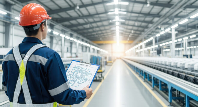 Engineer overseeing production line with clipboard in modern factory setting for industrial management, engineering websites, and manufacturing insights