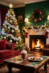 Cozy, festive living room decorated for Christmas with a lit tree, fireplace, wreath, hot chocolate with marshmallows, and gingerbread cookies on a rustic coffee table