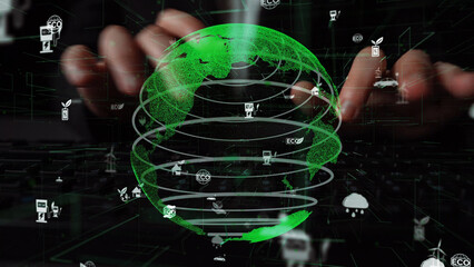 A digital representation of a green globe surrounded by eco-related icons and data graphics, symbolizing the intersection of technology and environmental sustainability. Xenic