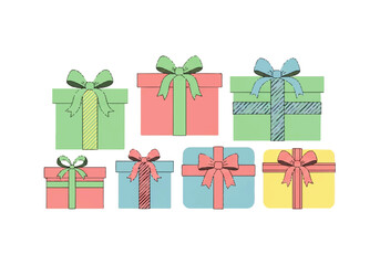 Seven colorful gift boxes with ribbons and bows are arranged on a white background, creating a festive and celebratory illustration.