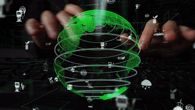 A digital representation of a green globe surrounded by eco-related icons and data graphics, symbolizing the intersection of technology and environmental sustainability. Xenic