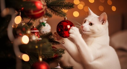 White cat playing with red Christmas tree ornament. Holiday pet fun concept. Adorable animal enjoying festive decoration for Christmas card.