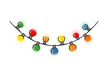Illustration of a string of colorful Christmas lights hanging in a curved shape against a white background.
