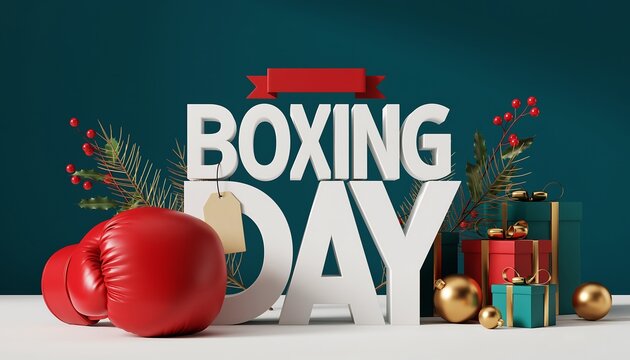 Vibrant three-dimensional rendering of a festive holiday scene with a red boxing glove, gift boxes, and seasonal yuletide decorations
