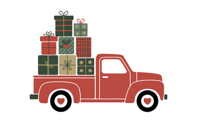 Red vintage truck with stacked christmas gifts, holiday season