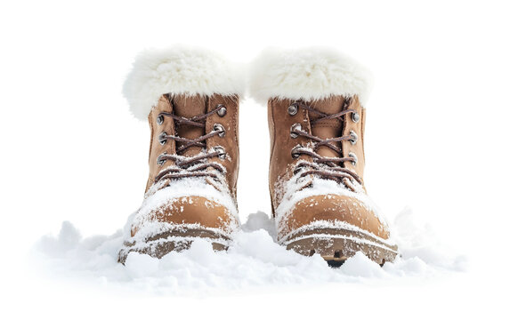 Snow boots with warm fur trim standing in soft powder snow creating a cozy winter scene isolated on transparent background PNG