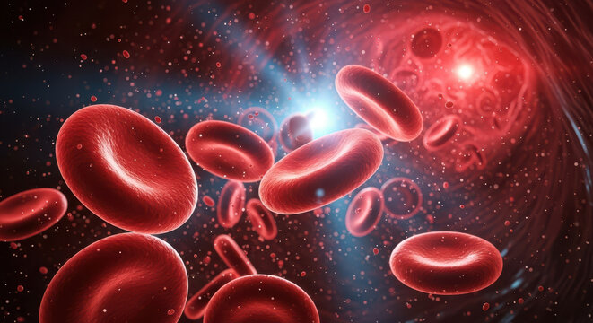 Red blood cells flowing through a blood vessel system illustration - Powered by Adobe