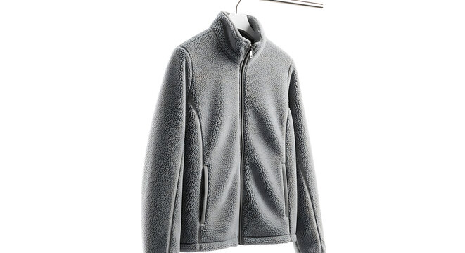 Grey Fleece Zip-Up Jacket for Men or Women, Soft Warm Mid-Layer Outerwear on Hanger, Casual Sporty Winter Clothing, Functional Thermal Apparel for Cold Weather, Minimalist Studio Background