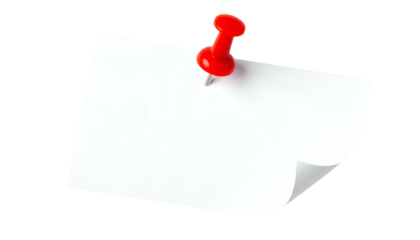 A blank white paper note held by a red pushpin, corner curled, on a black background