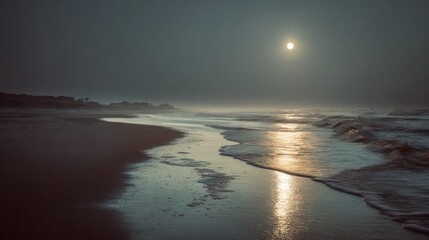 A quiet coastal horizon under soft moonlight, minimal waves, natural background