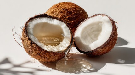Two coconut halves and coconut water spilled on a white background