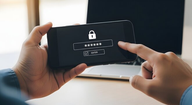 Unlocking phone security password on mobile device for data protection and account access online safety