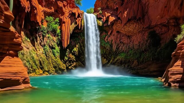 Iconic Desert Oasis Waterfall Bright Turquoise Blue Pool Red Sandstone Canyon Walls Arizona Nature Landscape Scene Under Sunny Sky