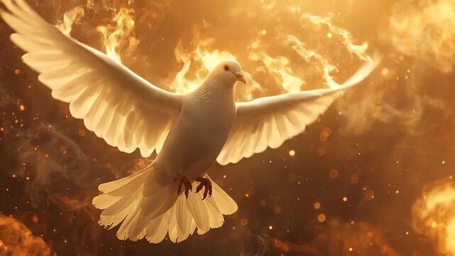 White holy spirit bird in flight appearing through golden divine light and shining smoke, Christian Pentecost concept - Powered by Adobe