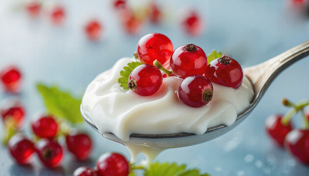Natural yogurt with probiotics and red currant berries in an extended spoon