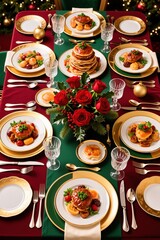 Luxury festive breakfast table set for Christmas or New Year, featuring golden-rimmed plates with pancakes and savory toppings, crystal glasses, and a vibrant centerpiece of red roses and holly.
