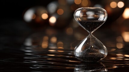 Elegant hourglass with black sand on reflective surface, warm bokeh lights in background, symbolizing time, transition, and the passage of moments