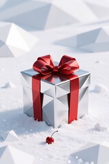 A striking silver gift box with a faceted surface and a metallic red bow rests on pristine white snow, featuring a red cherry and a low-poly geometric background