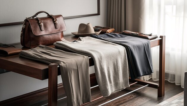 A sophisticated collection of men's classic travel essentials, including trousers, a leather briefcase, and a fedora, neatly arranged on a wooden table