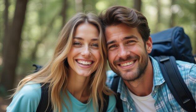 Happy couple smiling in the forest