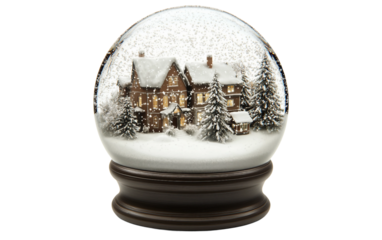Decorative glass snow globe showcasing a miniature winter village with holiday decorations isolated on transparent background PNG