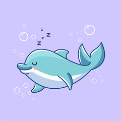 Cute Dolphin Sleep under Water Vector Illustration Kawaii Design