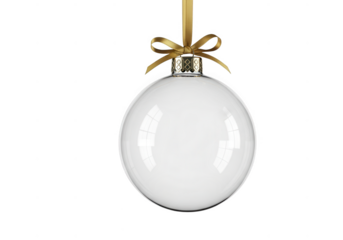 Clear glass christmas ball ornament with gold ribbon isolated on transparent background