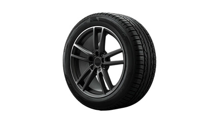 Obraz premium Sleek, dark-toned car tire and alloy wheel, isolated on black background