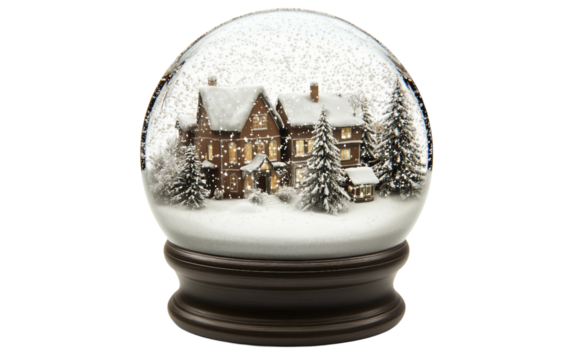 Decorative glass snow globe showcasing a miniature winter village with holiday decorations isolated on transparent background PNG