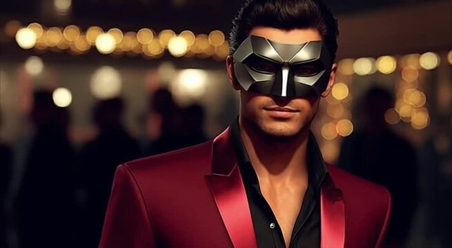 A young Caucasian man wearing a black mask and a red suit stands confidently at a festive event. The background features blurred lights and silhouettes of other guests.