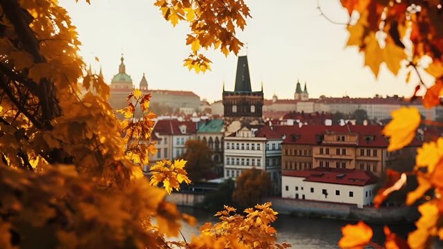 Prague, Czech Republic, Europe. autumn cityscape with castle spires and river in the background.