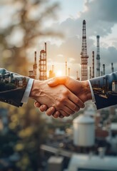 Handshake between businessmen in front of oil refinery at sunset, symbolizing industrial partnership