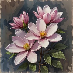 Watercolor square background with blooming pink magnolia flowers and green foliage, spring botanical art