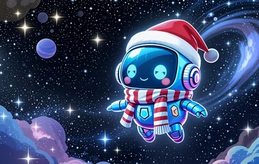 Cute robot in Santa hat and scarf floating in starry outer space with planets and nebula