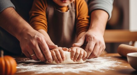 Child and man hands kneading dough with flour on a wooden table. Family bonding activity in the kitchen for baking and cooking.