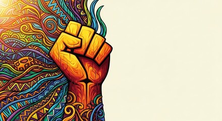 Vibrant art showcasing unity and empowerment with a bold fist amidst a colorful, intricate design, perfect for social justice campaigns and motivational themes