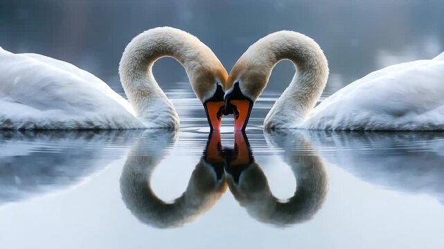 Two swans making a romantic gesture by forming a heart shape with their necks