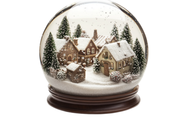 Artistic snow globe illustration containing a small detailed village with snow and holiday charm isolated on transparent background PNG