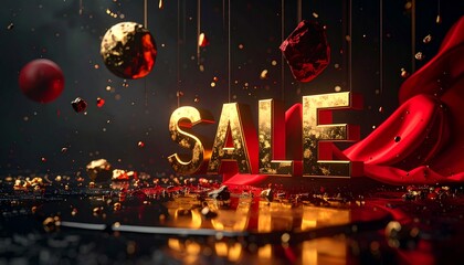 Large bold metallic letters spelling 'SALE' on a glossy black textured background, dramatic shadows enhancing contrast
