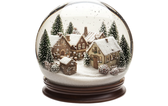 Artistic snow globe illustration containing a small detailed village with snow and holiday charm isolated on transparent background PNG