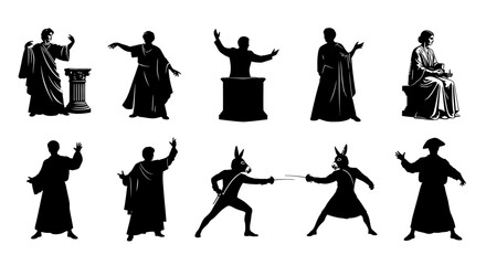 Stylized Silhouettes of Ancient Orators Actors and Fencing Duels