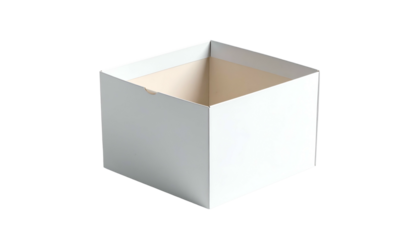 A clean, empty white cardboard box with light beige interior against a stark black background