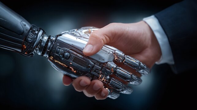 A handshake between a human and robot symbolizes unity and advancements. It represents collaboration, acceptance, and the future where technology and humanity coexist harmoniously.