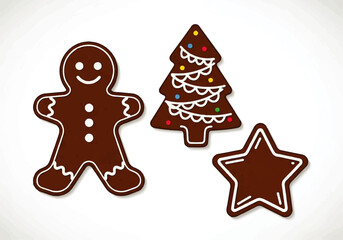 Three gingerbread cookies: a gingerbread man, a Christmas tree decorated with lights, and a star, isolated on a white background.