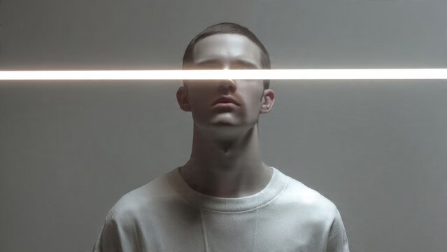 Futuristic light bar portrait minimalist studio person with light modern art close-up view conceptual visuals - Powered by Adobe